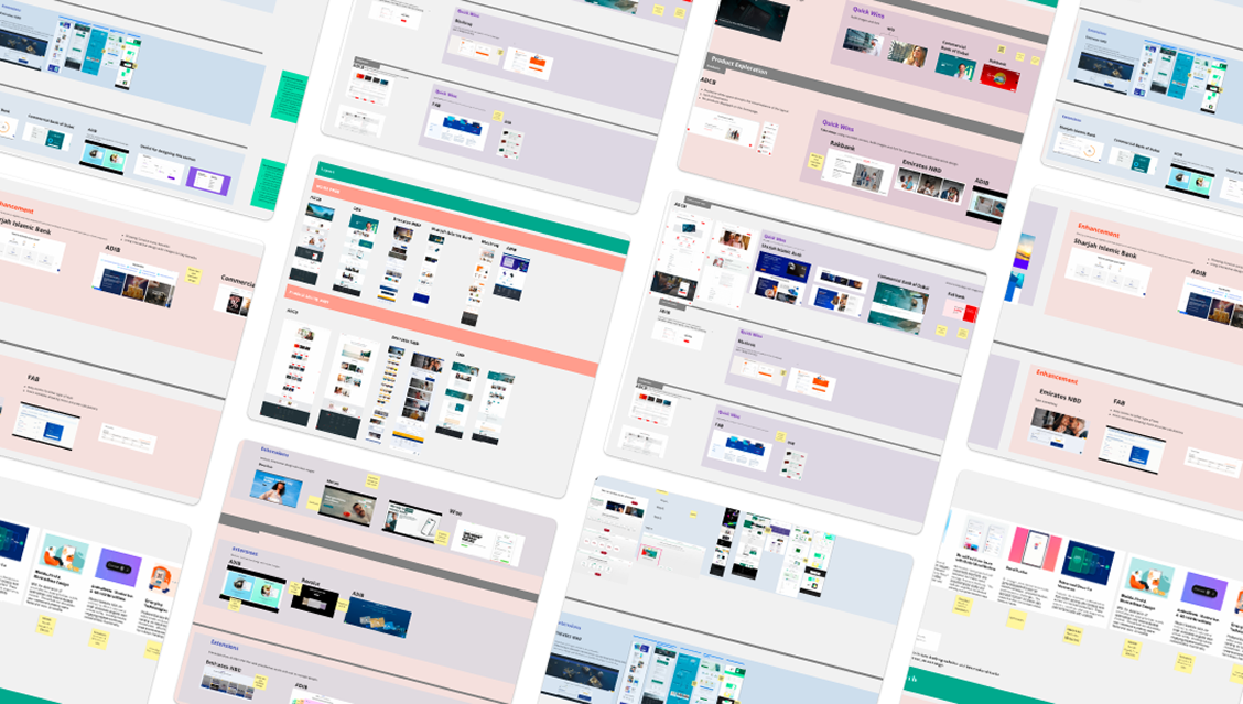 A benchmarking wall of fifteen regional bank websites, annotated by quick wins, enhancements, and gaps in AI integration.
