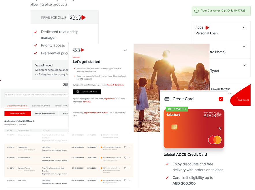 Final UI fragments, privilege club, agent workspace, customer ID confirmation, UAE PASS login, and bundled credit card offer.