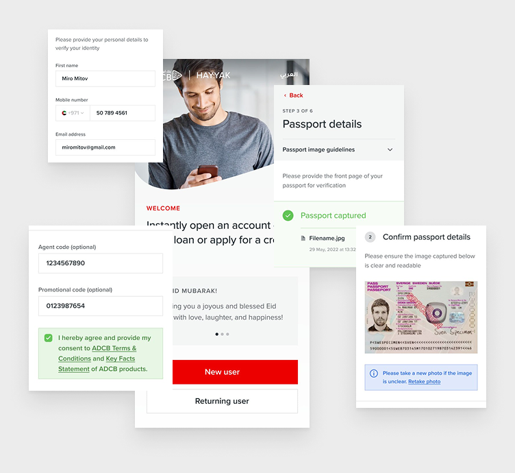 Final UI fragments from the Hayyak onboarding, welcome, personal details, passport details, capture confirmation, agent code and consent.