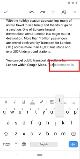 Google Docs predictive text appearing as the user types
