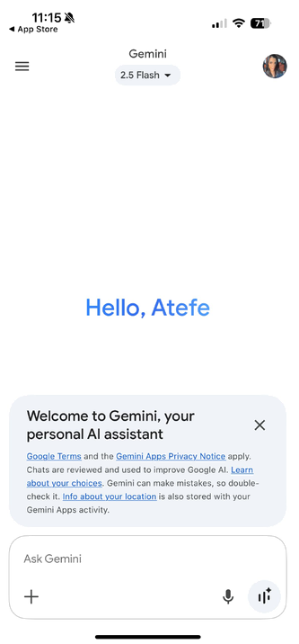 Gemini introducing itself with useful privacy-policy links