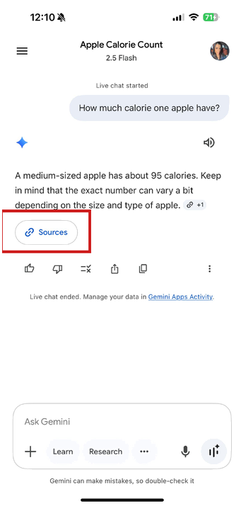 Gemini showing a source link inline with the response
