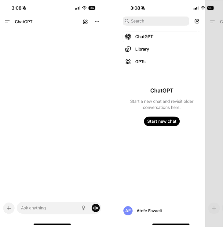 ChatGPT mobile's swipe-to-history pattern