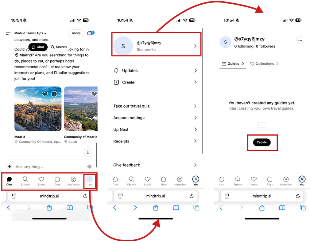 Mindtrip's tab-based navigation across three connected screens