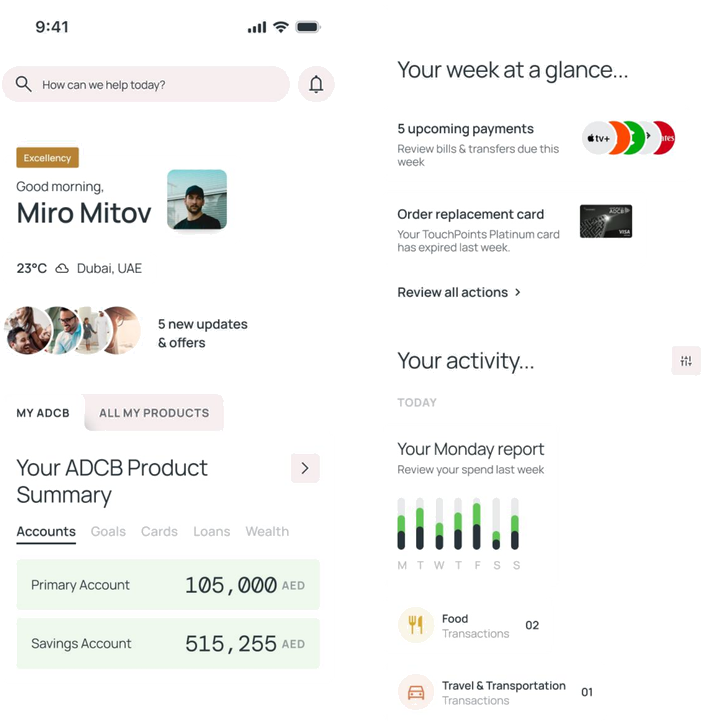 ADCB concept design with a 'your week at a glance' summary at the top